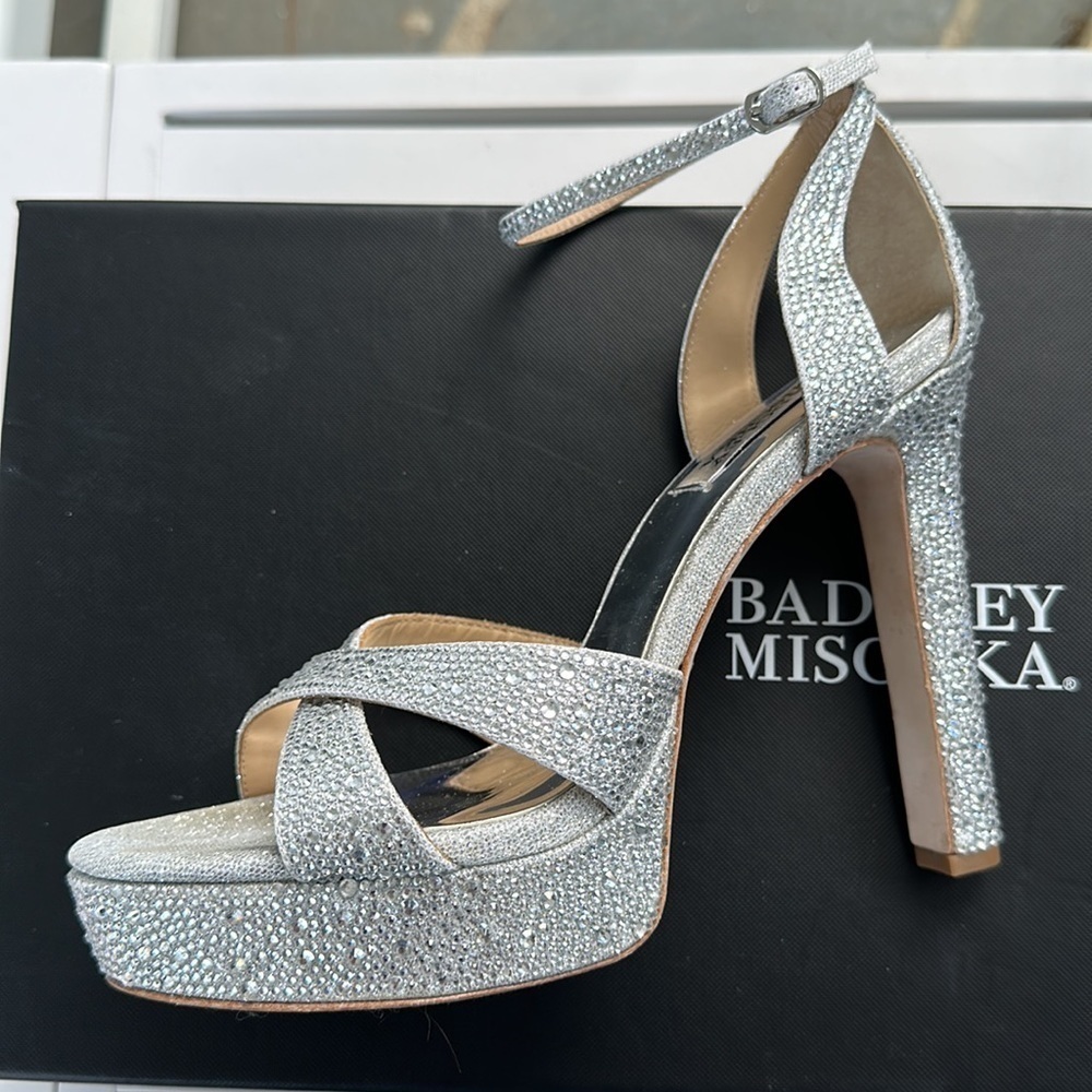 Badgley Mischka Silver Crystal Platform Sandals